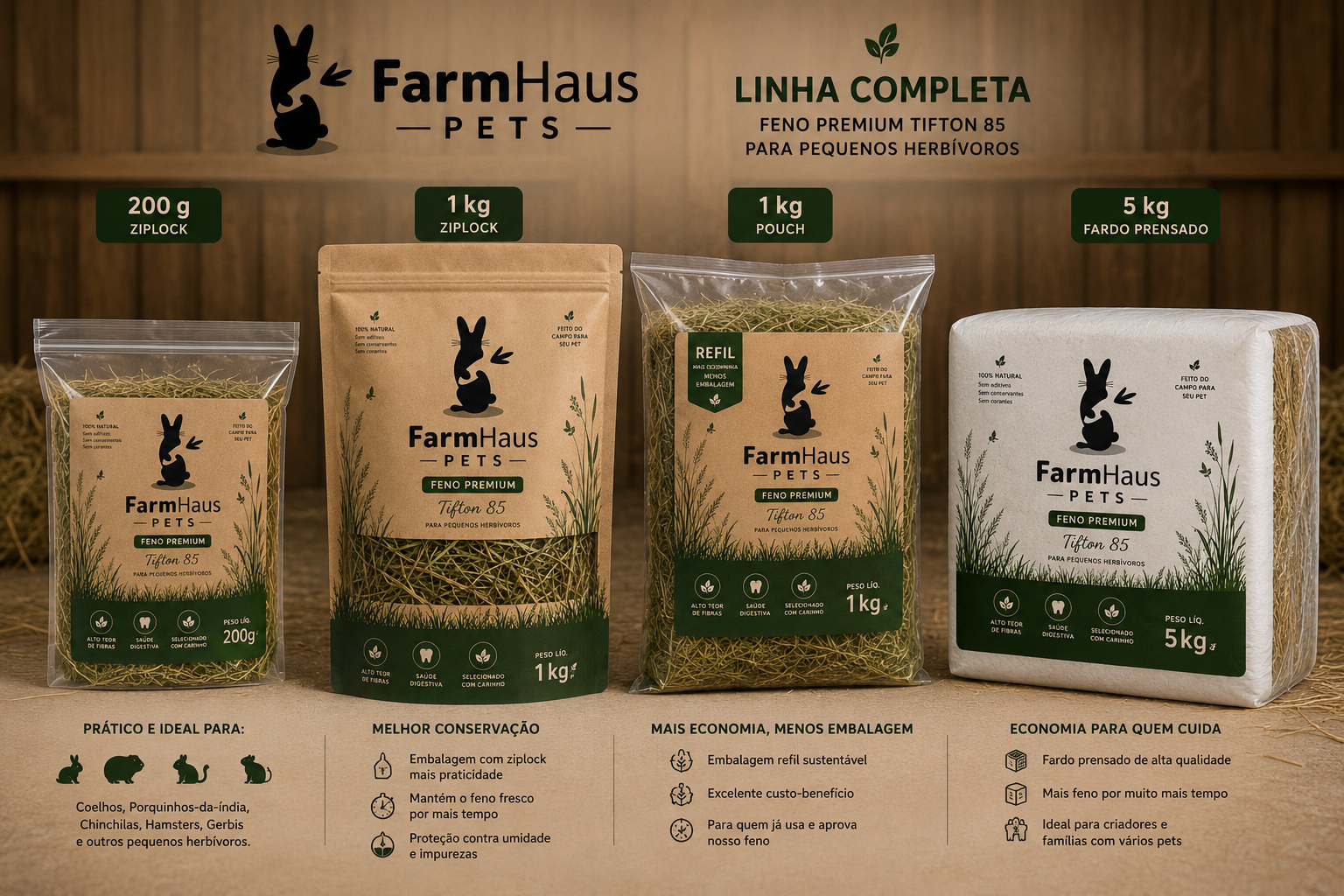 Linha completa FarmHaus Pets: 200 g ziplock, 1 kg ziplock, refil de 1 kg e fardo prensado de 5 kg
