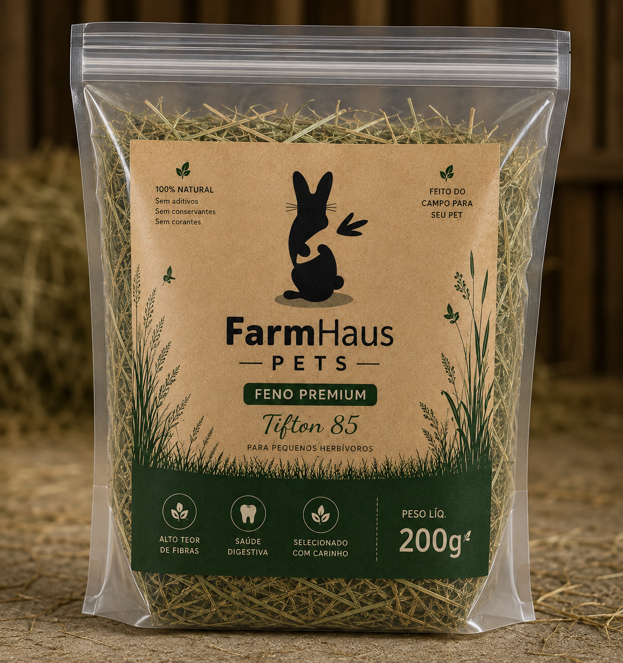 Embalagem FarmHaus Pets Feno Premium Tifton 85 200 g