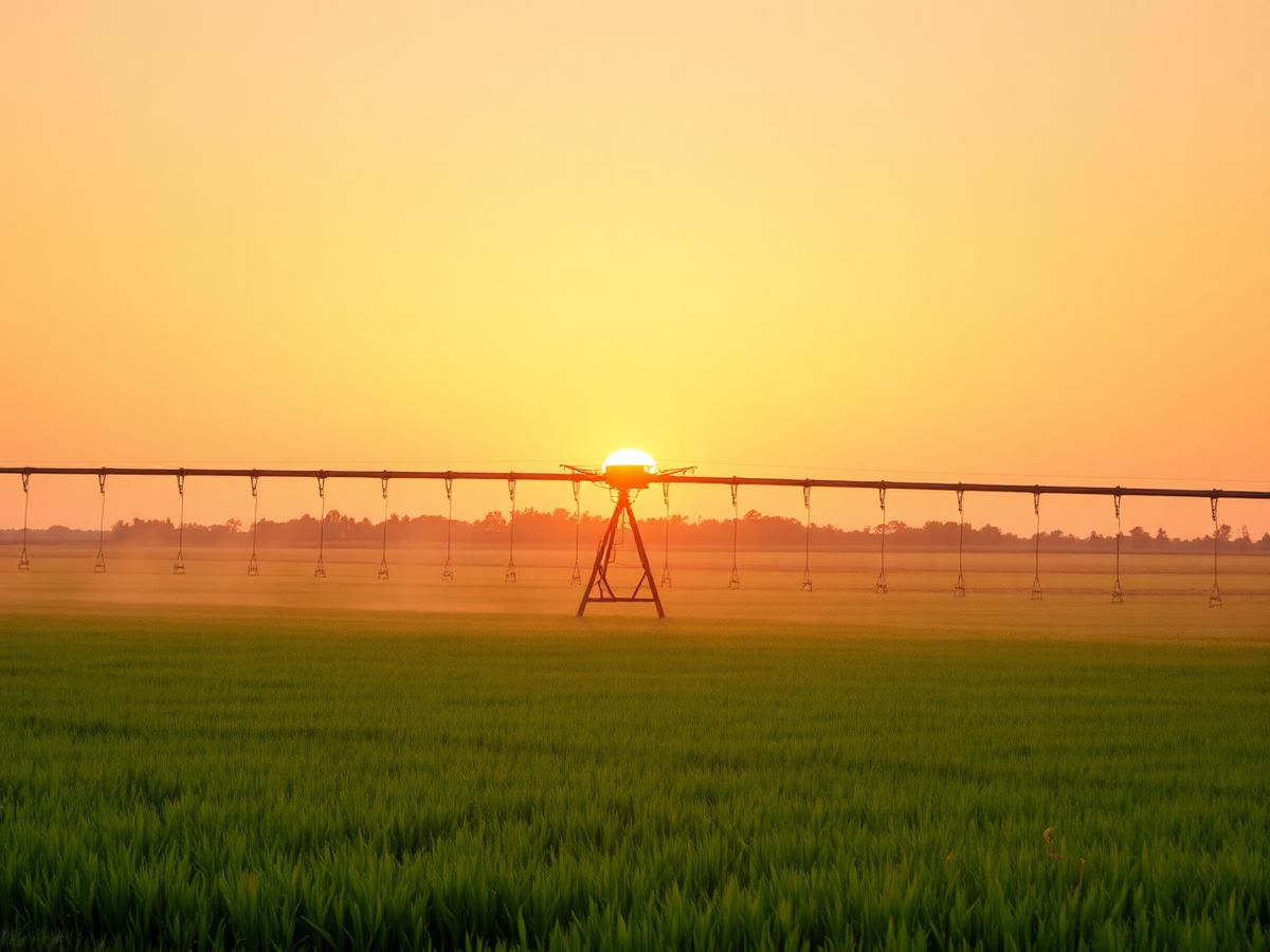 Pivô de irrigação em plantação de Tifton ao amanhecer